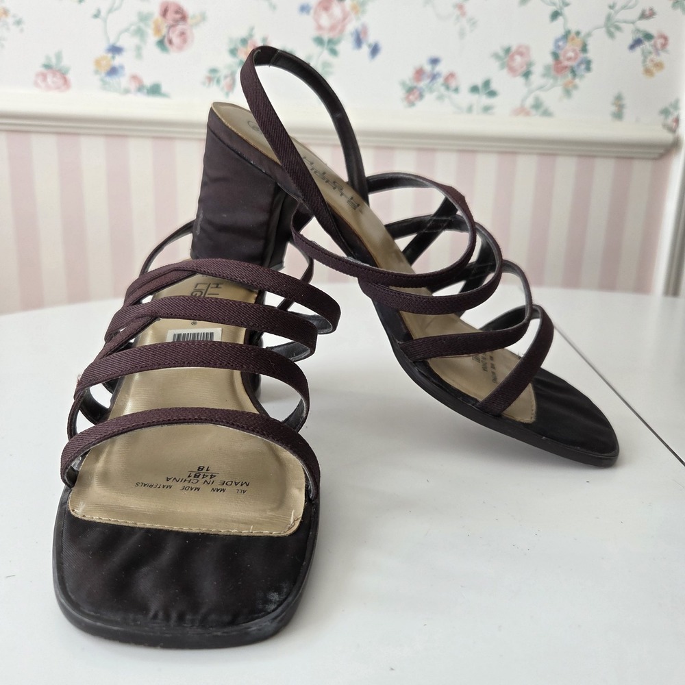 Vtg 90s Highlights Sandals‎ 9.5W Strappy Chocolate Brown Satin Block Heel Y2K